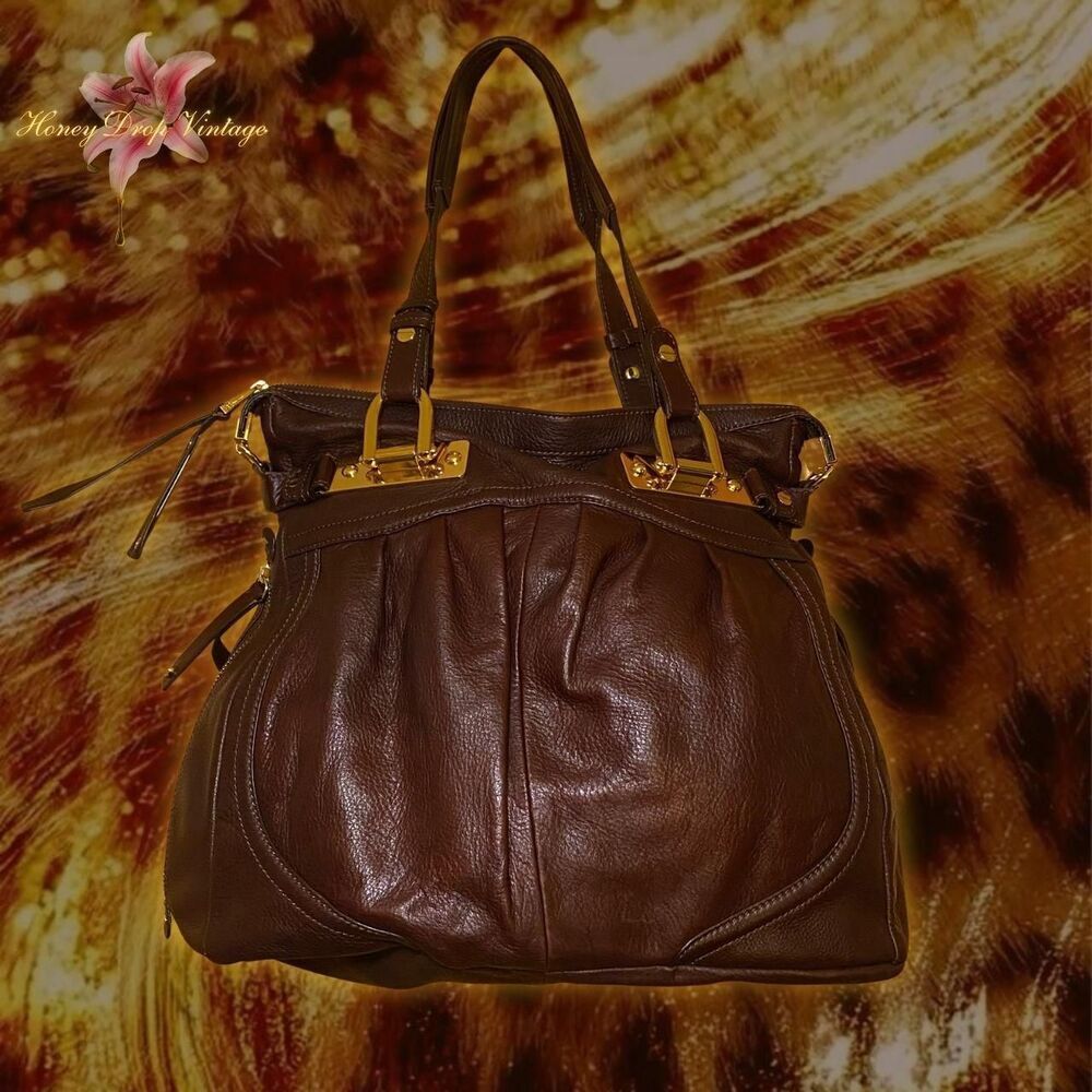 Bruce Makowsky Brown and Gold Leather Shoulder Bag with Cheetah Print Lining
